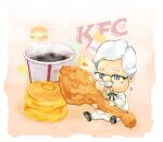  1boy beard black_eyes colonel_sanders eating facial_hair fried_chicken glasses kfc maiko_(hyoppo244) male_focus miniboy mustache old old_man sitting white_hair 