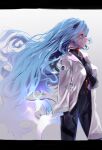  1girl absurdres ayanami_rei black_bodysuit blue_hair bodysuit closed_mouth evangelion:_3.0+1.0_thrice_upon_a_time floating_hair from_side headgear highres long_hair neon_genesis_evangelion open_mouth plugsuit profile rebuild_of_evangelion red_eyes smile solo standing very_long_hair yagisawa_teru 