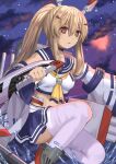  1girl ayanami_(azur_lane) azur_lane bangs bare_shoulders blue_sailor_collar blue_skirt blush breasts brown_eyes brown_hair closed_mouth clouds cloudy_sky commentary_request detached_sleeves eyebrows_visible_through_hair hair_between_eyes headgear holding holding_sword holding_weapon long_hair long_sleeves looking_at_viewer night night_sky pleated_skirt ponytail sailor_collar shirt skirt sky sleeveless sleeveless_shirt small_breasts solo splashing star_(sky) starry_sky sword thigh-highs tukino_neru very_long_hair water weapon white_legwear white_shirt white_sleeves wide_sleeves 