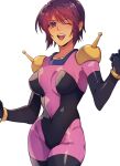  1girl ;d bangs black_bodysuit black_gloves bodysuit breasts brown_hair cosplay cowboy_shot elbow_gloves gloves gundam gundam_seed gundam_seed_destiny hair_between_eyes highres looking_at_viewer lunamaria_hawke medium_breasts mobile_trace_suit one_eye_closed open_mouth otenki93 pink_bodysuit rain_mikamura rain_mikamura_(cosplay) short_hair simple_background smile solo standing two-tone_bodysuit violet_eyes white_background 