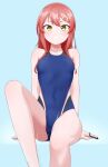 1girl absurdres bare_arms bare_legs blue_background blue_swimsuit blush breasts collarbone competition_swimsuit covered_navel grin hair_ornament hairclip highres invisible_chair kamidan long_hair looking_at_viewer one-piece_swimsuit original redhead shiny shiny_hair sitting small_breasts smile solo straight_hair swimsuit wet yellow_eyes 