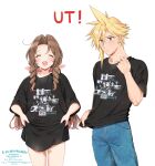  1boy 1girl aerith_gainsborough asymmetrical_hair bandaid bangs black_shirt blonde_hair blue_eyes blush brown_hair closed_eyes clothes_lift cloud_strife curly_hair denim earrings fangs final_fantasy final_fantasy_vii final_fantasy_vii_remake hair_ribbon highres jeans jewelry krudears no_pants open_mouth pants parted_bangs ponytail print_shirt ribbon shirt shirt_lift sidelocks single_earring spiky_hair t-shirt uniqlo upper_body white_background 