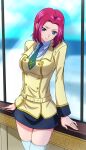  1girl ashford_academy_uniform belt blue_eyes blush code_geass dokozo_no_shirou highres kallen_stadtfeld looking_at_viewer medium_hair necktie redhead school_uniform skirt solo solo_focus thigh-highs white_legwear window 