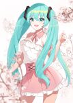  1girl 97_kim :d absurdres arm_strap bangs blue_eyes blue_hair blurry blurry_foreground contrapposto cowboy_shot eyebrows_visible_through_hair floating_hair frilled_skirt frills hair_between_eyes hair_ornament hatsune_miku highres long_hair miniskirt neck_ribbon open_mouth pink_ribbon pink_skirt ribbon shiny shiny_hair shirt skirt sleeveless sleeveless_shirt smile solo standing twintails very_long_hair vocaloid white_shirt wing_collar 
