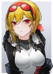  1girl bandana bangs blonde_hair border closed_mouth day_(user_aasx8552) goggles goggles_on_head grey_background highres hololive hololive_indonesia long_hair looking_at_viewer red_bandana red_eyes simple_background solo two-tone_dress vestia_zeta virtual_youtuber white_border 