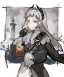 1girl anachronism arknights bangs black_dress black_gloves capelet chinese_commentary commentary_request dress food french_fries gloves grey_capelet grey_eyes grey_hair head_wings highres holding holding_food irene_(arknights) long_hair long_sleeves scar scar_across_eye solo upper_body xuezi 