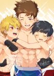 3boys abs age_difference arm_around_shoulder arm_around_waist black_hair blonde_hair blue_eyes blush brown_hair closed_eyes commission cowboy_shot fingerless_gloves gloves highres hug looking_at_another looking_up male_focus multiple_boys muscular muscular_male muscular_shota nanaura_narina navel one_eye_closed onii-shota original simple_background skeb_commission sparkle_background teeth topless_male 