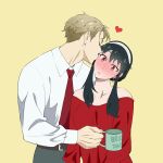  1boy 1girl :o bangs bare_shoulders belt black_hair blonde_hair blush collarbone cup dress head_tilt heart holding holding_cup long_sleeves looking_at_viewer miyuli necktie nose_blush off-shoulder_dress off_shoulder open_mouth red_eyes red_necktie shirt sidelocks simple_background spy_x_family sweater sweater_dress symbol-only_commentary twilight_(spy_x_family) white_shirt yellow_background yor_briar 