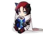  1girl absurdres apex_legends bangs black_hair blue_eyes chibi eyebrows_behind_hair hellcat_wraith highres holding hood hood_up official_alternate_costume open_mouth parted_bangs scarf serinoki shadow sitting solo white_background white_scarf wraith_(apex_legends) 