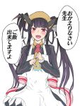  1girl apron black_horns blue_archive collared_dress demon_horns dress frilled_apron frilled_sleeves frills fuuka_(blue_archive) halo head_scarf highres horns looking_at_viewer necktie purple_hair red_eyes smile speech_bubble translation_request yuugon 