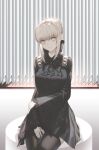  1girl artoria_pendragon_(fate) bangs fate/stay_night fate_(series) fov_ps grey_eyes highres long_sleeves looking_at_viewer saber_alter short_hair sitting smile solo 