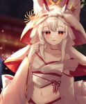  1girl absurdres ayanami_(azur_lane) ayanami_(demon&#039;s_finest_dress)_(azur_lane) azur_lane bangs choker collarbone commentary_request detached_sleeves eyebrows_visible_through_hair grey_hair hair_between_eyes headgear highres japanese_clothes junineu kimono long_hair long_sleeves looking_at_viewer navel official_alternate_costume orange_eyes parted_lips ponytail retrofit_(azur_lane) sidelocks smile solo stomach tsunokakushi uchikake wide_sleeves 