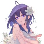  1girl ai_dongdong alternate_eye_color bangs bare_shoulders eyebrows_visible_through_hair floral_background flower hair_between_eyes hair_flower hair_ornament honkai_(series) honkai_impact_3rd lily_(flower) looking_at_viewer multicolored_hair neckerchief open_mouth purple_hair rose sailor_collar seele_vollerei short_hair signature sleeveless solo two-tone_hair violet_eyes white_flower white_rose 