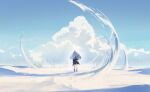  1girl aqua- blue_coat blue_sky blue_theme clouds coat commentary day facing_away from_behind grey_hair highres long_hair original scenery sky solo standing sunlight wide_shot 