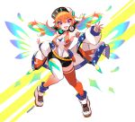 1girl alternate_costume armpits breasts cawang eyebrows_visible_through_hair headphones highres hololive hololive_english jacket medium_breasts open_clothes open_jacket open_mouth orange_hair orange_headwear shoes signature solo takanashi_kiara twintails virtual_youtuber 