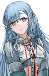  1girl alternate_hairstyle bangs blue_hair day_(user_aasx8552) head_tilt highres hololive hololive_indonesia hood hoodie kobo_kanaeru long_hair long_sleeves looking_at_viewer midriff older parted_lips simple_background solo violet_eyes virtual_youtuber white_background 