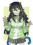  1girl black_hair blank_eyes cat_tail colored_skin fangs grey_skin homestuck horns long_hair meulin_leijon paw_pose print_sweater skirt smile sweater tail troll_(homestuck) ximsol182 