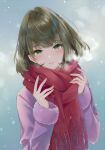  1girl bangs blue_eyes blush brown_hair coat eyebrows_visible_through_hair fur-trimmed_sleeves fur_trim green_eyes highres idolmaster idolmaster_cinderella_girls jewelry long_hair long_sleeves looking_at_viewer mole mole_under_eye outdoors parted_lips purple_coat q-v_(levia) red_scarf ring scarf smile snowing solo sparkle straight_hair takagaki_kaede upper_body winter_clothes winter_coat 
