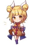  1girl arm_ribbon back_bow bangs blonde_hair blush boots bow breasts brown_dress chibi closed_mouth commentary_request double_bun dress dress_bow eyebrows_visible_through_hair full_body gradient gradient_clothes gradient_dress hair_ribbon hand_up haniwa_(statue) joutouguu_mayumi looking_to_the_side medium_breasts moshihimechan orange_dress plaid plaid_dress polearm puffy_short_sleeves puffy_sleeves purple_footwear red_ribbon ribbon shirt short_hair short_sleeves shorts simple_background solo spear standing touhou v-shaped_eyebrows weapon white_background white_ribbon white_shirt white_shorts yellow_eyes 