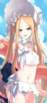  1152635131_(artist) 1girl abigail_williams_(fate) abigail_williams_(swimsuit_foreigner)_(fate) abigail_williams_(swimsuit_foreigner)_(third_ascension)_(fate) absurdres bangs bare_shoulders bikini blonde_hair blue_eyes blue_sky blurry blurry_background blush bonnet bow breasts fate/grand_order fate_(series) forehead hair_bow highres innertube long_hair looking_at_viewer miniskirt navel open_mouth parted_bangs sidelocks skirt sky small_breasts smile swimsuit thighs twintails very_long_hair white_bikini white_bow white_headwear 