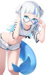  1girl absurdres bare_legs blue_hair collarbone colored_inner_hair earphones fish_tail gawr_gura glasses grey_hair heart heart-shaped_eyewear highres hololive hololive_english leaning_forward long_hair midriff multicolored_hair navel raised_eyebrow shark_tail shirt short_shorts shorts simple_background solo streaked_hair tail three_twosix tied_shirt two_side_up virtual_youtuber white_background 