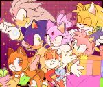  ! 3boys 4girls :&gt; ^_^ absurdres amy_rose animal_ears animal_nose arm_around_neck arm_up bare_shoulders bike_shorts birthday black_border blaze_the_cat blue_eyes blue_fur blue_hair blush body_fur border bow bowtie box brown_hair cat_ears cat_girl chao_(sonic) cheese_(sonic) child closed_eyes closed_mouth commentary confetti constricted_pupils cream_the_rabbit dress embarrassed english_commentary fang flat_chest forehead_jewel fox_boy fox_ears fox_tail furry furry_female furry_male gem gift gift_box gloves gradient gradient_background green_dress green_eyes grey_fur grey_hair grey_outline grin hair_tie hairband happy high_heels highres holding holding_box holding_gift holding_party_popper hug light_blush long_hair looking_at_another looking_back looking_up marine_the_raccoon multicolored_hair multiple_boys multiple_girls nervous nose_blush one_eye_closed open_mouth orange_eyes orange_footwear orange_fur orange_gloves orange_hair outline outside_border party party_popper pink_footwear pink_fur pink_hair pink_outline pointing purple_background purple_fur purple_hair purple_outline rabbit_ears rabbit_girl rabbit_tail raccoon_ears raccoon_girl raccoon_tail red_bow red_bowtie red_dress red_gemstone red_hairband shoes short_dress short_hair sidelocks sideways_mouth silver_the_hedgehog simple_background smile sonic_(series) sonic_the_hedgehog spiky_hair stellarspin strapless strapless_dress sweat tail tails_(sonic) topknot traditional_bowtie twintails two-tone_fur two-tone_hair white_fur white_gloves yellow_eyes yellow_fur yellow_outline 