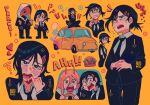  ! !! 1boy ? ?? artist_name black_footwear black_hair black_jacket black_necktie black_pants blupixl blush burger business_suit car chainsaw_man chibi crying crying_with_eyes_open driving drooling english_text food formal ground_vehicle hair_ornament hairclip hands_on_lap happy head_tilt heart higashiyama_kobeni highres holding holding_food holding_ice_cream hood hood_up ice_cream indian_style jacket looking_at_viewer mask motor_vehicle necktie nervous on_vehicle open_mouth own_hands_together pants plague_doctor_mask power_(chainsaw_man) sad scared sharp_teeth short_hair simple_background sitting smoke steering_wheel suit tears teeth v violence_devil_(chainsaw_man) yellow_background 