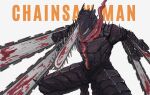  1other absurdres armor artist_name black_armor blood blood_drip blood_on_weapon body_armor chainsaw chainsaw_devil chainsaw_man english_text extra_arms highres organs pachiccc scarf sharp_teeth simple_background solo spikes teeth weapon white_background 