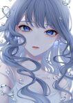  1girl bangs bare_shoulders blue_eyes blurry ca_yu collarbone depth_of_field eyebrows_visible_through_hair face highres long_hair looking_at_viewer original parted_lips solo strap_slip tears upper_body water_drop 