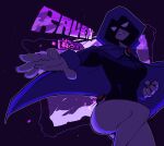  1girl absurdres artist_request belt breasts cape colored_skin dc_comics forehead_jewel gloves highres hood hood_up leotard looking_at_viewer medium_breasts raven_(dc) simple_background solo teen_titans thighs 