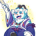  ! !! agyo_(housamo) animal_ears animal_nose aqua_fur bell closed_eyes fangs fangs_out fur_collar furry furry_male hand_fan hand_up hat hiryuu_(hiryuuuuuuuuu) holding holding_fan japanese_clothes komainu_boy komainu_ears male_focus open_mouth shoes smile snout sparkle thick_eyebrows tokyo_afterschool_summoners white_background white_fur 