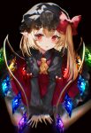  1girl ascot bangs black_background blonde_hair blush bow crystal dress eyebrows_visible_through_hair flandre_scarlet hair_between_eyes hat hat_bow long_sleeves looking_at_viewer mob_cap parted_lips pointy_ears puffy_sleeves red_bow red_eyes red_skirt sakizaki_saki-p short_hair side_ponytail simple_background sitting skirt solo tongue tongue_out touhou wings 