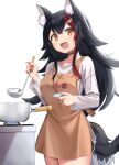  1girl absurdres animal_ear_fluff animal_ears apron black_choker black_hair breasts choker cooking highres holding holding_ladle hololive kajitsu_no_hito ladle long_hair looking_at_viewer medium_breasts multicolored_hair ookami_mio redhead streaked_hair tail virtual_youtuber white_hair wolf_ears wolf_girl wolf_tail 