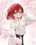  1girl ange_katrina bangs blue_eyes blurry blurry_background cherry_blossoms clenched_teeth floating_hair hair_between_eyes halter_top halterneck hand_on_own_cheek hand_on_own_face hand_up haruwo highres looking_at_viewer nijisanji redhead short_hair smile solo teeth virtual_youtuber 