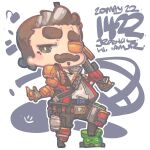  1boy 30-30_repeater apex_legends black_pants brown_hair chibi facial_hair fuse_(apex_legends) grey_hair gun holding holding_gun holding_weapon jacket jr4rt male_focus mechanical_arms multicolored_hair mustache over_shoulder pants red_jacket rifle single_mechanical_arm skull_and_crossbones sleeveless sleeveless_jacket solo soul_patch streaked_hair weapon weapon_over_shoulder 