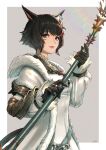  1girl absurdres animal_ears avatar_(ff14) bangs belt black_gloves black_hair border cam_(cammero95713700) cat_ears cat_girl cat_tail coat facial_mark final_fantasy final_fantasy_xiv flower fur-trimmed_coat fur_trim gloves grey_background grey_eyes hair_flower hair_ornament highres holding holding_staff jewelry long_sleeves looking_at_viewer miqo&#039;te open_clothes open_coat outside_border puffy_long_sleeves puffy_sleeves ring shirt short_hair signature slit_pupils smile solo staff standing tail white_border white_coat white_shirt 