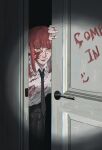 1girl absurdres artist_name bangs black_necktie black_pants blood blood_on_clothes blood_on_face blood_on_hands blood_writing chainsaw_man door doorway highres light makima_(chainsaw_man) necktie opening_door pachiccc pants redhead ringed_eyes sinister smile smiley_face solo yellow_eyes 