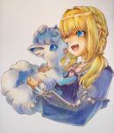  1girl alolan_vulpix blonde_hair blue_dress blue_eyes bow character_request collarbone dress from_side highres holding holding_pokemon marker_(medium) mochi._(mochi_kga) one_eye_closed open_mouth pink_bow pokemon pokemon_(creature) pokemon_(game) pokemon_sm smile traditional_media white_background 