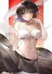  1girl absurdres arknights arm_strap bandeau bangs bare_arms bare_shoulders black_hair black_pants blue_eyes blue_hair blue_nails blush breasts camisole chinese_commentary colored_inner_hair commentary_request eunectes_(arknights) eunectes_(forgemaster)_(arknights) eyebrows_visible_through_hair hand_up highleg highleg_panties highres large_breasts looking_at_viewer midriff multicolored_hair nail_polish navel panties pants pointy_ears short_hair snake_tail solo spaghetti_strap stomach tabayashi tail toenail_polish toenails underwear 