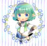  1girl :d bangs blue_eyes blue_flower boots braid chibi commentary_request commission copyright_request eyebrows_visible_through_hair flower full_body green_hair hand_up kou_hiyoyo long_sleeves looking_at_viewer pointy_ears short_hair skeb_commission sleeves_past_wrists smile solo standing standing_on_one_leg striped striped_background vertical_stripes white_background white_footwear white_robe wide_sleeves 