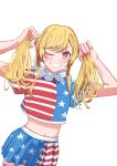  1girl absurdres adapted_costume alternate_hairstyle american_flag_legwear american_flag_shirt american_flag_skirt arms_up bangs blush breasts closed_mouth clownpiece commentary_request eyebrows_visible_through_hair fingernails hair_between_eyes hands_up highres long_fingernails long_hair looking_at_viewer medium_breasts miniskirt nail_polish navel neck_ruff no_hat no_headwear one_eye_closed pink_nails red_eyes sazaki_(sakiyuikun) shirt short_sleeves simple_background skirt smile solo standing star_(symbol) star_in_eye star_print striped striped_legwear striped_shirt striped_skirt symbol_in_eye t-shirt teeth thigh-highs touhou twintails v-shaped_eyebrows white_background 