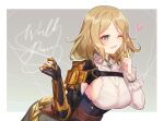  1girl armor blonde_hair blue_eyes blush breasts claw_ring collared_shirt corset english_text grace_(granblue_fantasy) granblue_fantasy hands_up heart highres index_finger_raised leaning_forward long_sleeves looking_at_viewer medium_breasts medium_hair open_mouth shirt shoulder_armor sideboob single_sleeve smile solo upper_body white_shirt wire yuntae 