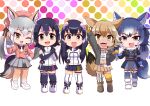  5girls absurdres african_penguin_(kemono_friends) animal_costume animal_ear_fluff animal_ears black_hair blonde_hair blue_hair coyote_(kemono_friends) dire_wolf_(kemono_friends) gloves hat highres humboldt_penguin_(kemono_friends) island_fox_(kemono_friends) kemono_friends kemono_friends_v_project long_hair looking_at_viewer multiple_girls open_mouth rakugaki_arai ribbon short_hair simple_background skirt smile twintails virtual_youtuber 