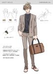  1boy adjusting_clothes bag black_shirt brown_hair brown_pants character_sheet contrapposto copyright dolustoy fingernails full_body green_eyes hair_over_one_eye highres holding holding_bag jacket jewelry looking_at_viewer male_focus mole mole_under_eye multiple_rings multiple_views necklace nijisanji oliver_evans pants plaid plaid_jacket plaid_pants ring shirt shoes short_hair smile sneakers solo straight-on unmoving_pattern virtual_youtuber watch watch white_background 