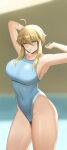  1girl absurdres ahoge armpits arms_up artoria_pendragon_(fate) artoria_pendragon_(lancer)_(fate) blonde_hair blue_swimsuit blurry blurry_background braid braided_bun breasts collarbone colored_eyelashes competition_swimsuit covered_navel eyebrows_visible_through_hair fate/grand_order fate_(series) green_eyes hair_between_eyes hair_bun highres higofushi large_breasts long_hair looking_at_viewer one-piece_swimsuit open_mouth solo swimsuit 