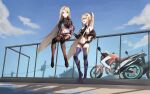  2girls black_gloves black_shorts blonde_hair blue_sky boots bottle breasts building chinese_commentary clothing_cutout clouds constellation_(warship_girls_r) day elbow_gloves gloves ground_vehicle hair_ornament hairclip high_ponytail holding holding_bottle large_breasts long_hair micro_shorts midriff motor_vehicle motorcycle multiple_girls navel outdoors railing saratoga_(warship_girls_r) shorts shoulder_cutout sideboob sidelocks sitting sky standing thigh-highs thigh_boots under_boob utility_pole very_long_hair warship_girls_r water_bottle x_hair_ornament xueci 