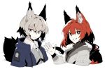  2girls :d animal_ears arknights ashlock_(arknights) black_scarf black_shirt blue_jacket brown_eyes clenched_teeth collared_shirt commentary cropped_torso english_commentary flametail_(arknights) grey_eyes grey_vest hair_between_eyes hand_up highres jacket looking_at_viewer mechanical_owl multiple_girls open_clothes open_jacket oripathy_lesion_(arknights) redhead scarf shirt short_hair simple_background smile squirrel_ears squirrel_girl squirrel_tail tail teeth upper_body v-shaped_eyebrows vest waving white_background white_jacket white_shirt 