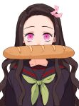  1girl baguette black_hair black_serafuku bread closed_mouth eyelashes food green_neckerchief hair_ribbon kamado_nezuko kimetsu_gakuen kimetsu_no_yaiba long_hair looking_at_viewer maosen mouth_hold neckerchief pink_eyes pink_ribbon ribbon school_uniform serafuku simple_background solo straight-on wavy_hair white_background 