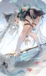  1girl arknights ass bare_legs bent_over breasts chinese_commentary commentary_request grey_hair haixianbai highres large_breasts long_hair official_alternate_costume parted_lips red_eyes skadi_(arknights) skadi_the_corrupting_heart_(arknights) skadi_the_corrupting_heart_(sublimation)_(arknights) solo staff thigh_strap thighs 