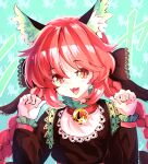  1girl animal_ears braid cat_ears dress eyebrows_visible_through_hair frilled_dress frilled_sleeves frills highres juliet_sleeves kaenbyou_rin long_sleeves mary_janes open_mouth puffy_sleeves red_eyes redhead shoes solo sunnysideup touhou twin_braids 